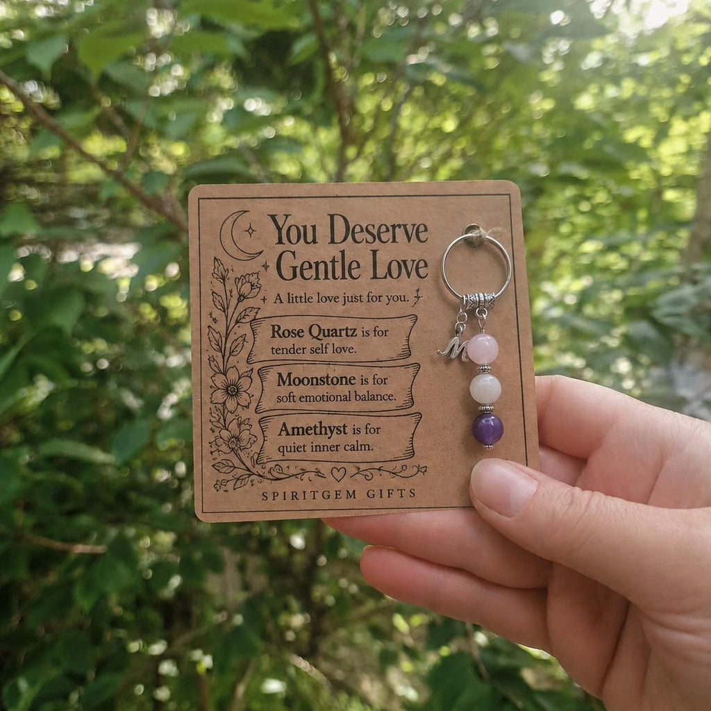 Self Love Gift, Crystal Keyring with Illustrated 'You Deserve Gentle Love' Card