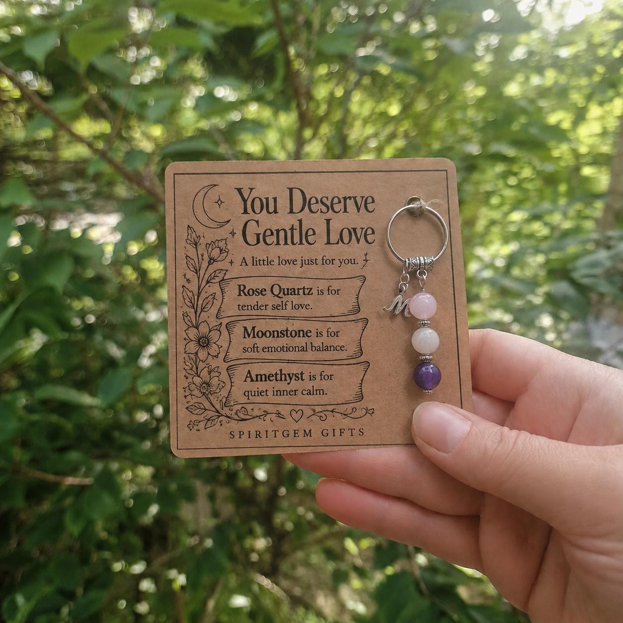 Self Love Gift, Crystal Keyring with Illustrated 'You Deserve Gentle Love' Card