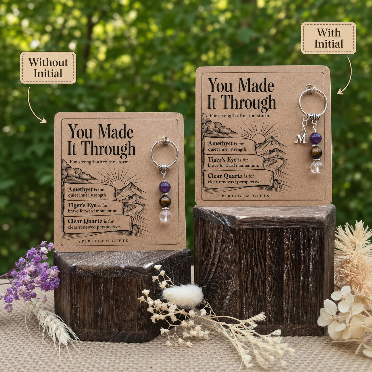 Resilience Crystal Keyring, Amethyst, Tiger's Eye, Clear Quartz, "You Made It Through" Card