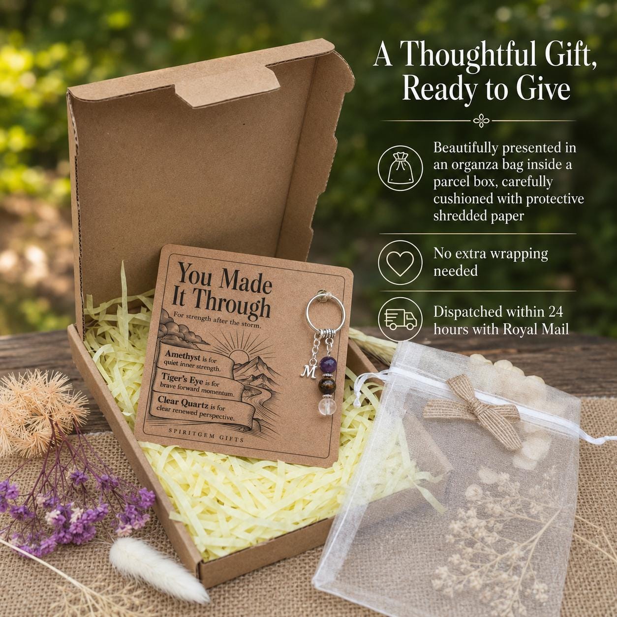 Resilience Crystal Keyring, Amethyst, Tiger's Eye, Clear Quartz, "You Made It Through" Card