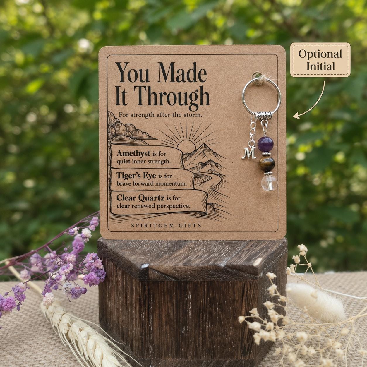 Resilience Crystal Keyring, Amethyst, Tiger's Eye, Clear Quartz, "You Made It Through" Card