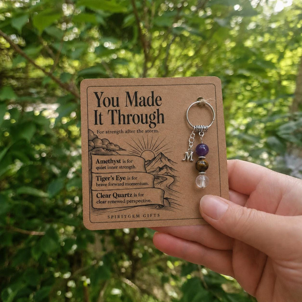 Resilience Crystal Keyring, Amethyst, Tiger's Eye, Clear Quartz, "You Made It Through" Card