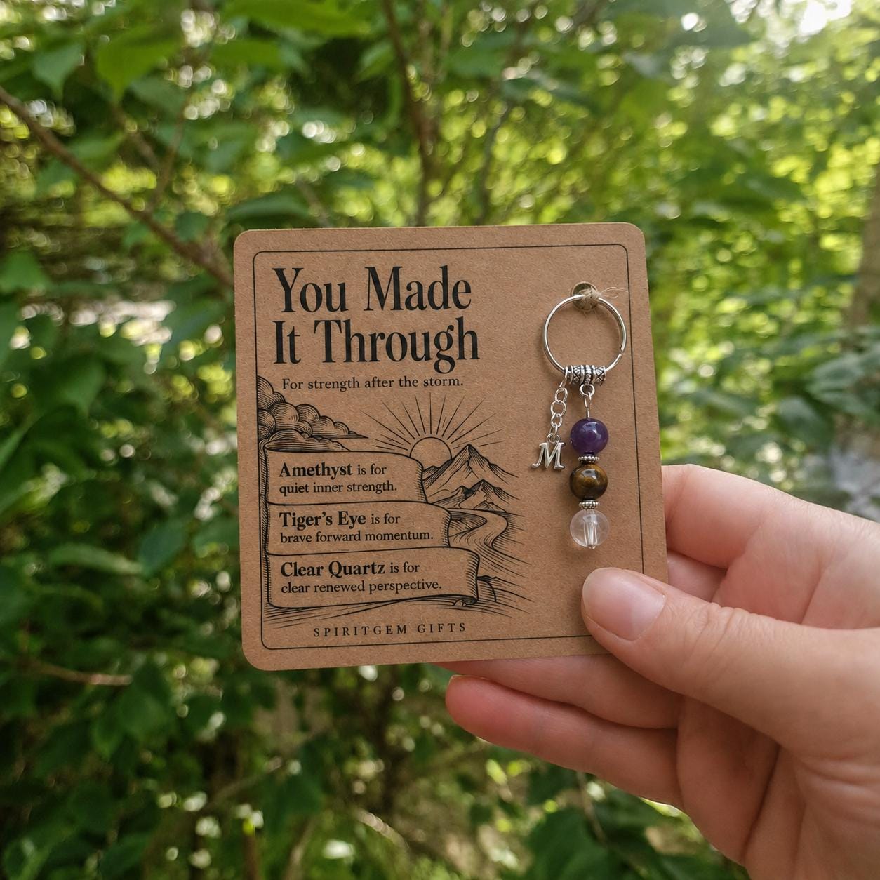 Resilience Crystal Keyring, Amethyst, Tiger's Eye, Clear Quartz, "You Made It Through" Card