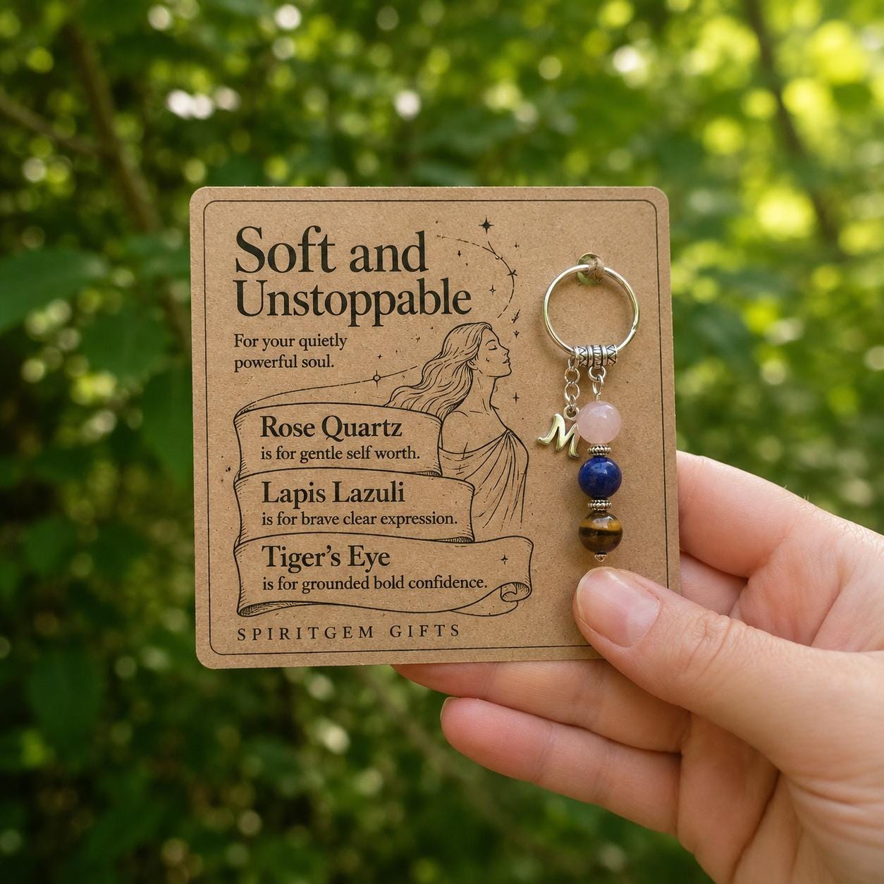PERSONALISED STRONG WOMAN Crystal Keyring, Empowerment Gift with Illustrated Keepsake Card