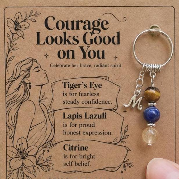 PERSONALISED STRONG WOMAN Crystal Keyring, Courage Gift with Illustrated Keepsake Card
