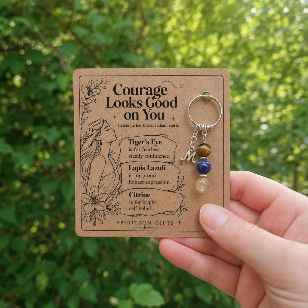 PERSONALISED STRONG WOMAN Crystal Keyring, Courage Gift with Illustrated Keepsake Card