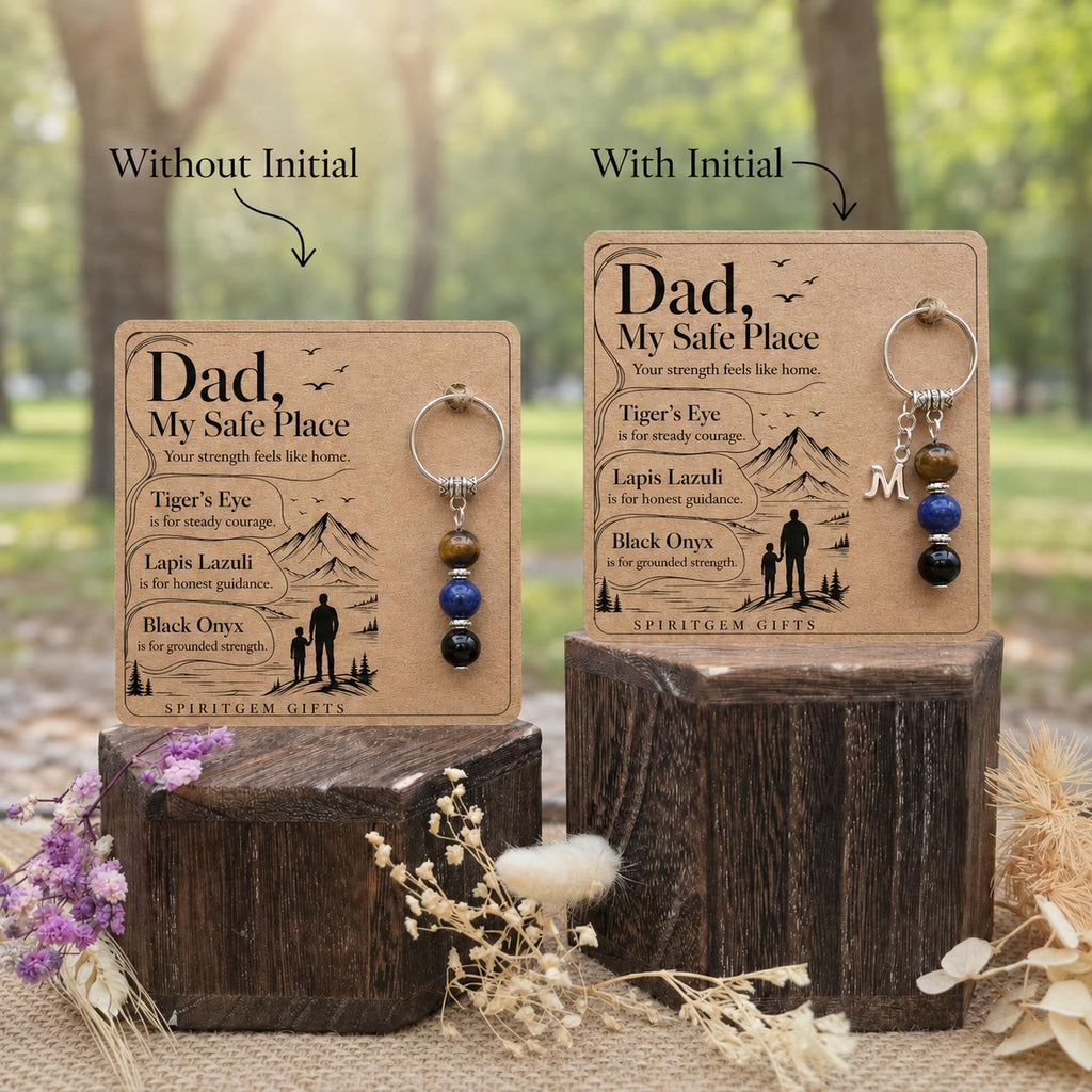 Safe Place Dad Gift From Daughter, Personalised Crystal Keyring With Initial Charm, Tiger Eye Lapis Onyx Father Keepsake