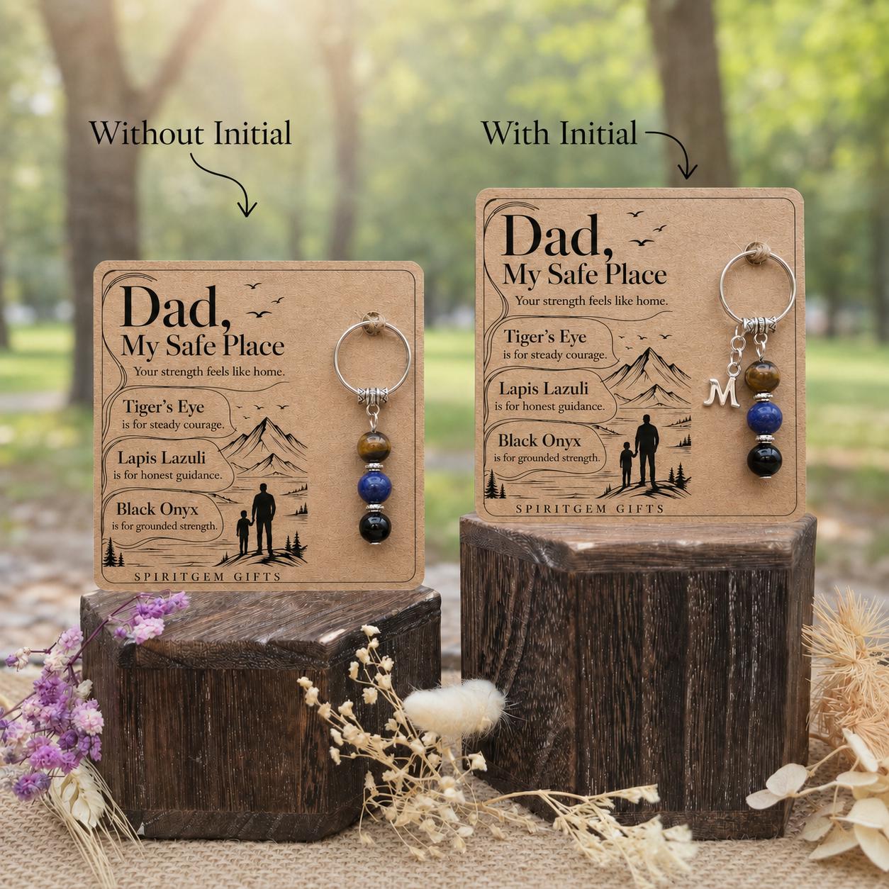 Safe Place Dad Gift From Daughter, Personalised Crystal Keyring With Initial Charm, Tiger Eye Lapis Onyx Father Keepsake