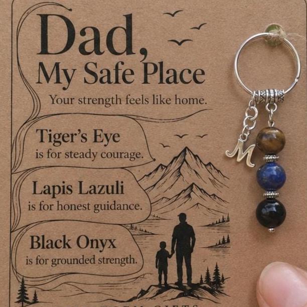 Safe Place Dad Gift From Daughter, Personalised Crystal Keyring With Initial Charm, Tiger Eye Lapis Onyx Father Keepsake