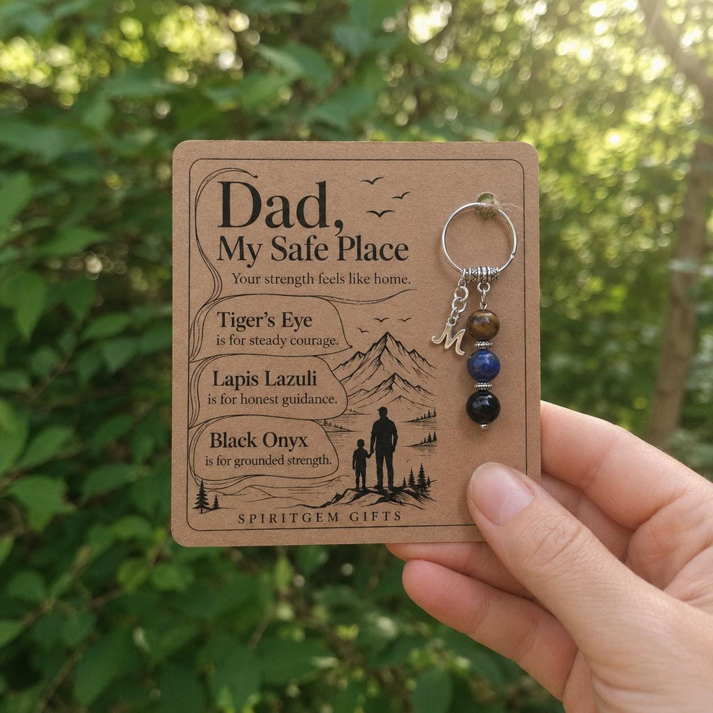 Safe Place Dad Gift From Daughter, Personalised Crystal Keyring With Initial Charm, Tiger Eye Lapis Onyx Father Keepsake