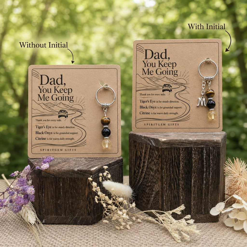 Dad Birthday Gift, Crystal Keyring with Illustrated 'You Keep Me Going' Card, Personalised Keepsake for Him