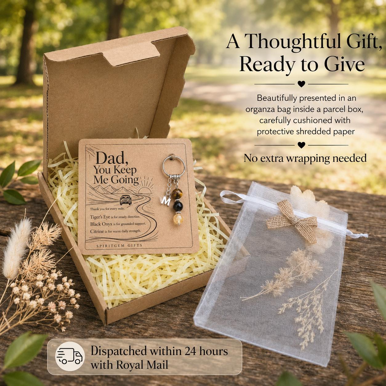 Dad Birthday Gift, Crystal Keyring with Illustrated 'You Keep Me Going' Card, Personalised Keepsake for Him