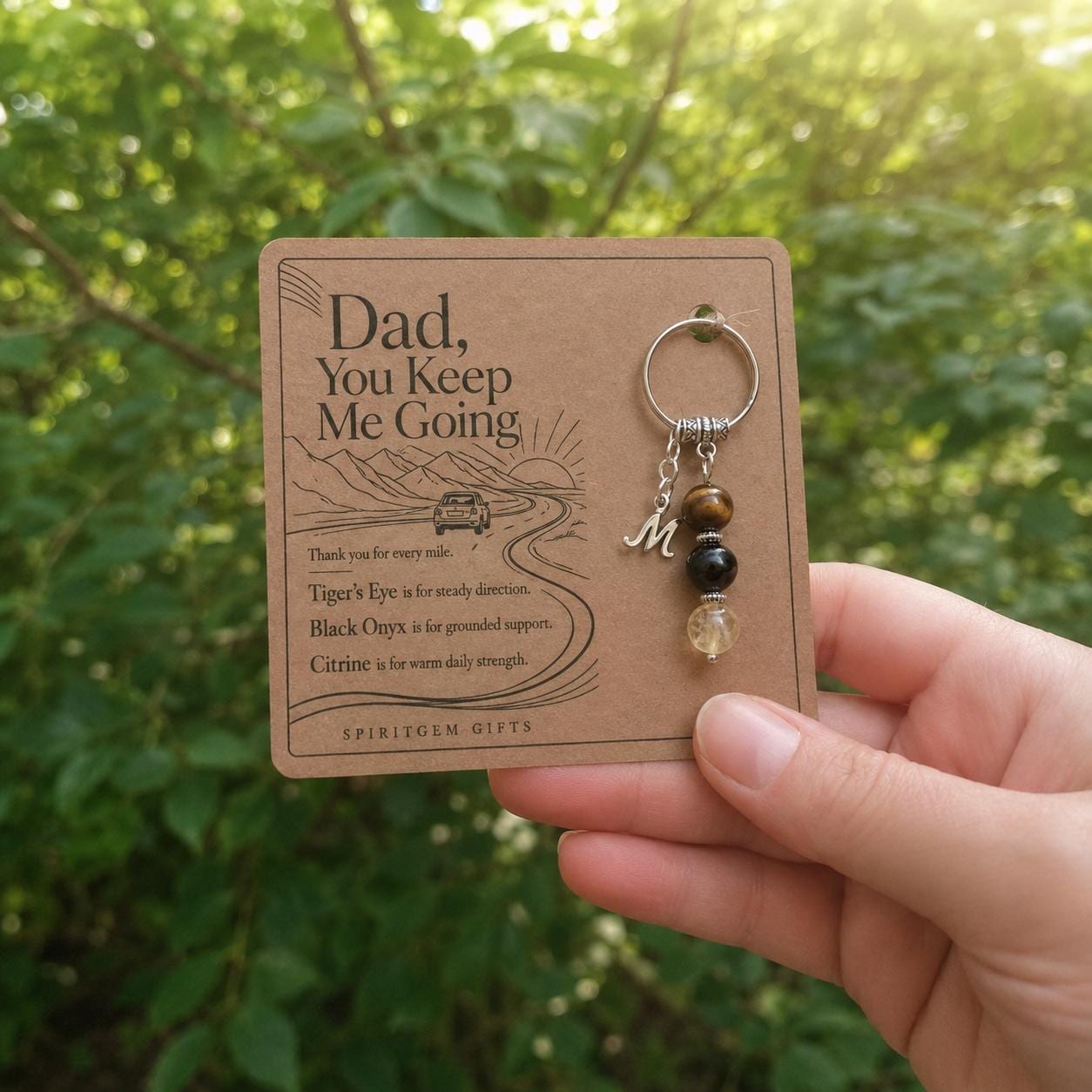 Dad Birthday Gift, Crystal Keyring with Illustrated 'You Keep Me Going' Card, Personalised Keepsake for Him