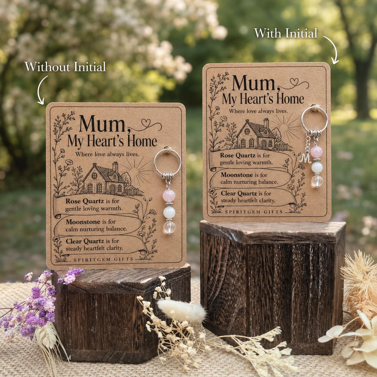 Mum Gift from Daughter, Crystal Keyring with Illustrated 'My Heart's Home' Card, Personalised Birthday Keepsake