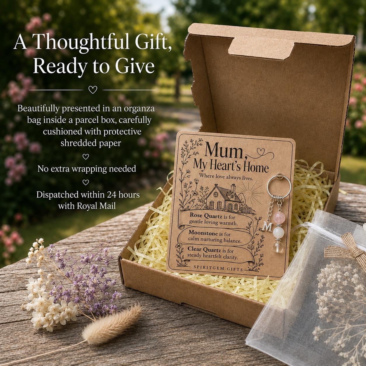 Mum Gift from Daughter, Crystal Keyring with Illustrated 'My Heart's Home' Card, Personalised Birthday Keepsake