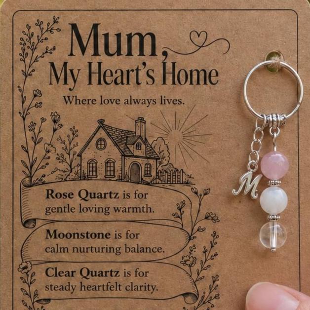 Mum Gift from Daughter, Crystal Keyring with Illustrated 'My Heart's Home' Card, Personalised Birthday Keepsake