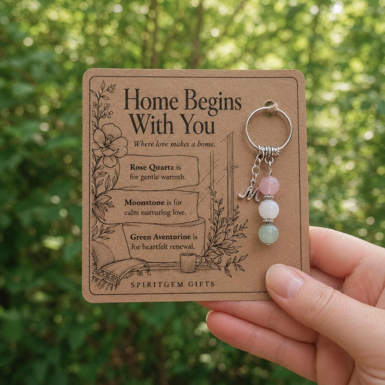 New Home Gift for Couple, Crystal Keyring with Illustrated 'Home Begins With You' Card