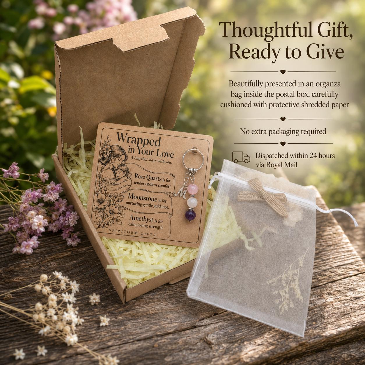 Mum Gift from Son, Crystal Keyring with Illustrated 'Wrapped in Your Love' Card
