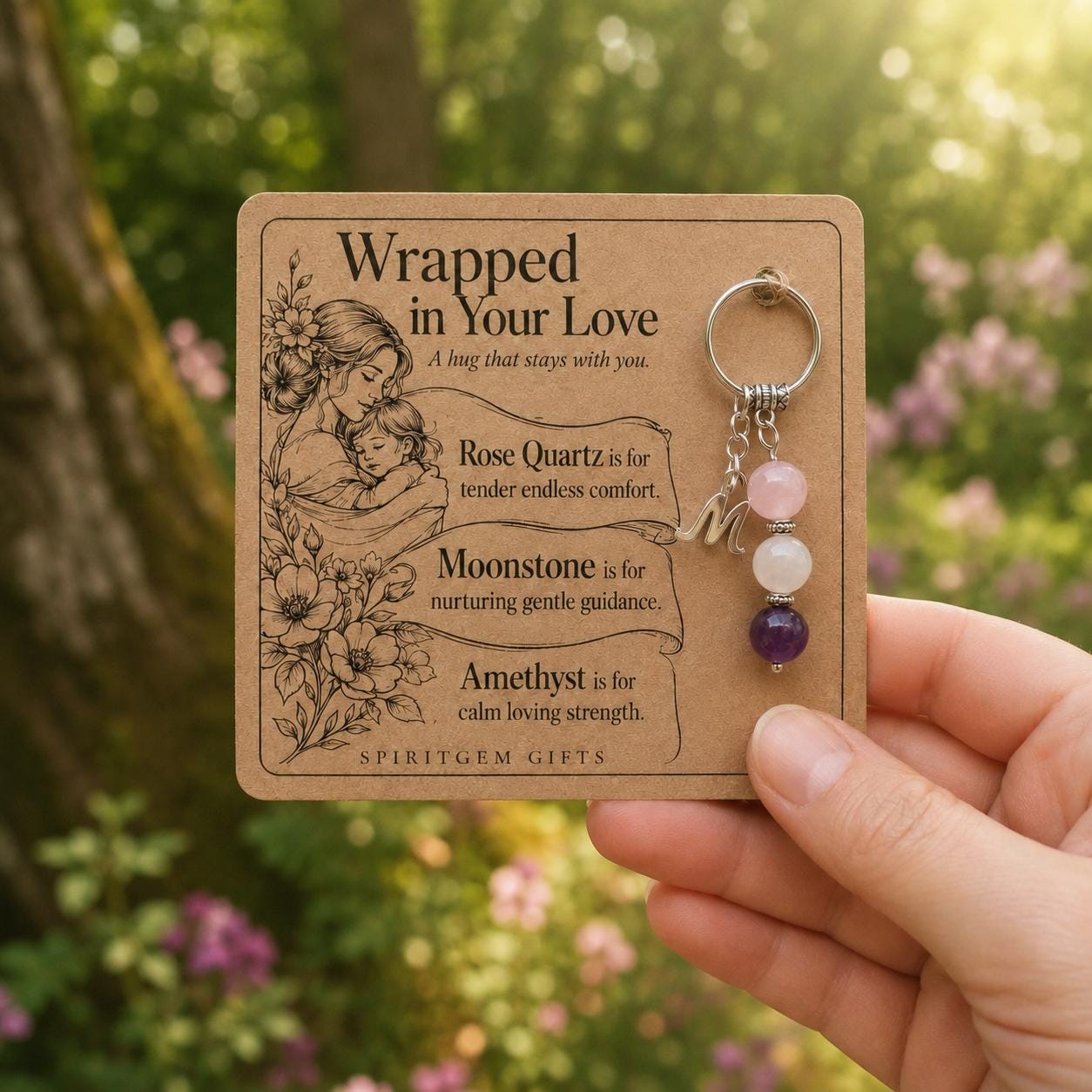 Mum Gift from Son, Crystal Keyring with Illustrated 'Wrapped in Your Love' Card