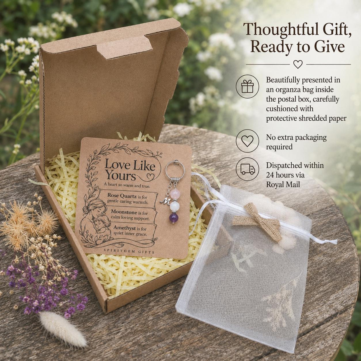 Mom Gift from Daughter, Crystal Keyring with Illustrated 'Love Like Yours' Card, Personalized