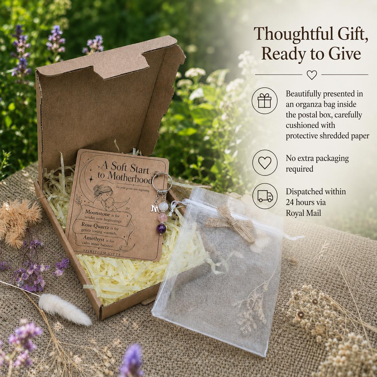 New Mum Gift, Postpartum Crystal Keyring with Illustrated 'A Soft Start to Motherhood' Card
