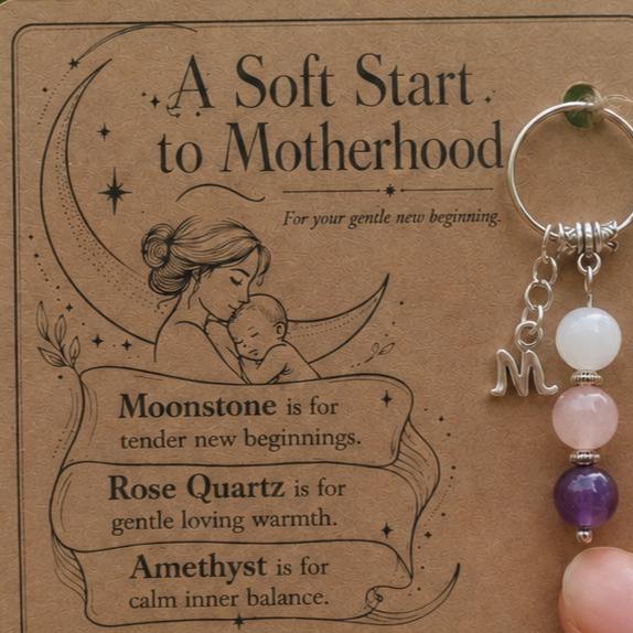 New Mum Gift, Postpartum Crystal Keyring with Illustrated 'A Soft Start to Motherhood' Card