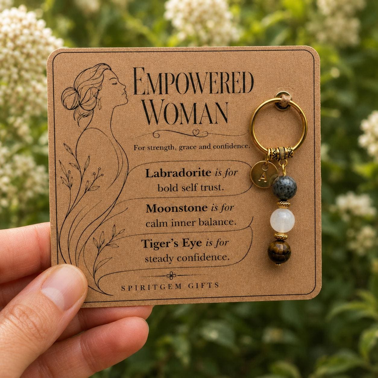 Empowered Woman Crystal Keyring Gift for Her, Personalised Gold Tone Initial Keychain