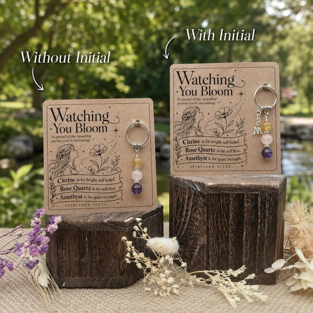 Daughter Gift from Mum, Crystal Keyring with Illustrated 'Watching You Bloom' Card, Personalised Keepsake