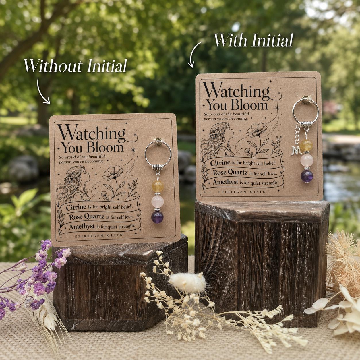 Daughter Gift from Mum, Crystal Keyring with Illustrated 'Watching You Bloom' Card, Personalised Keepsake