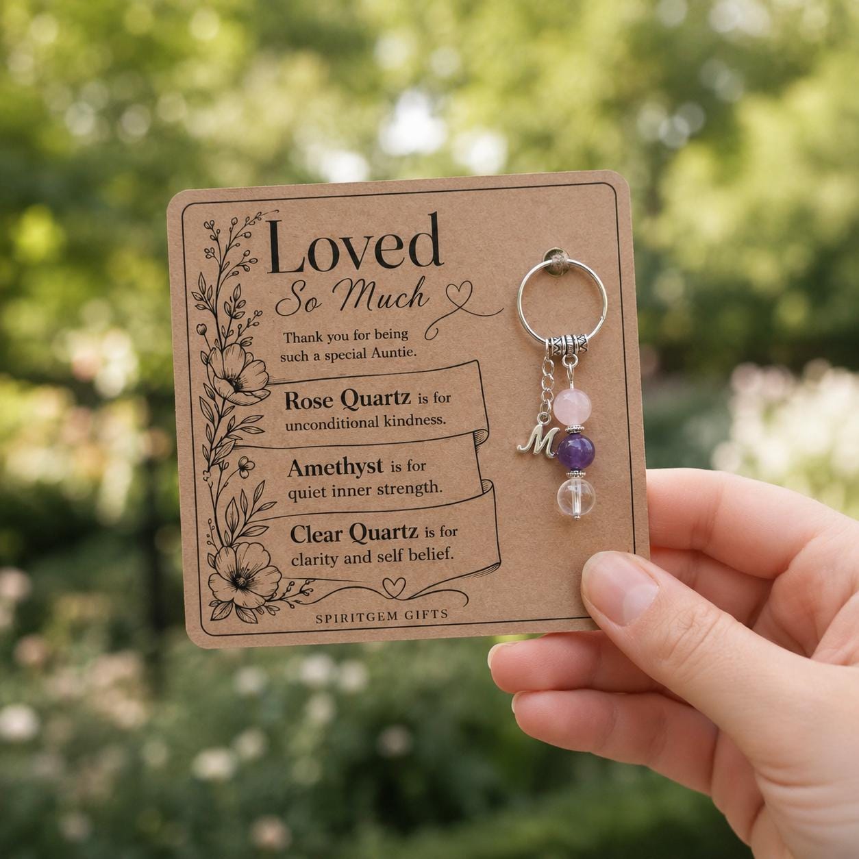 Personalised AUNTIE Crystal Keyring with Illustrated Keepsake Card Birthday Gift from Niece