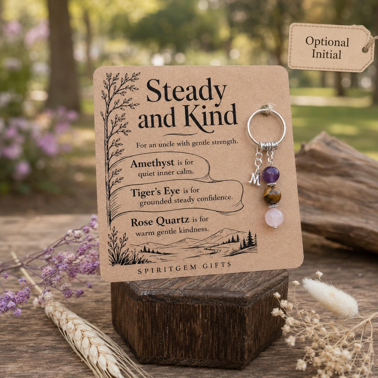 Uncle Birthday Gift, Crystal Keyring with Illustrated 'Steady and Kind' Card