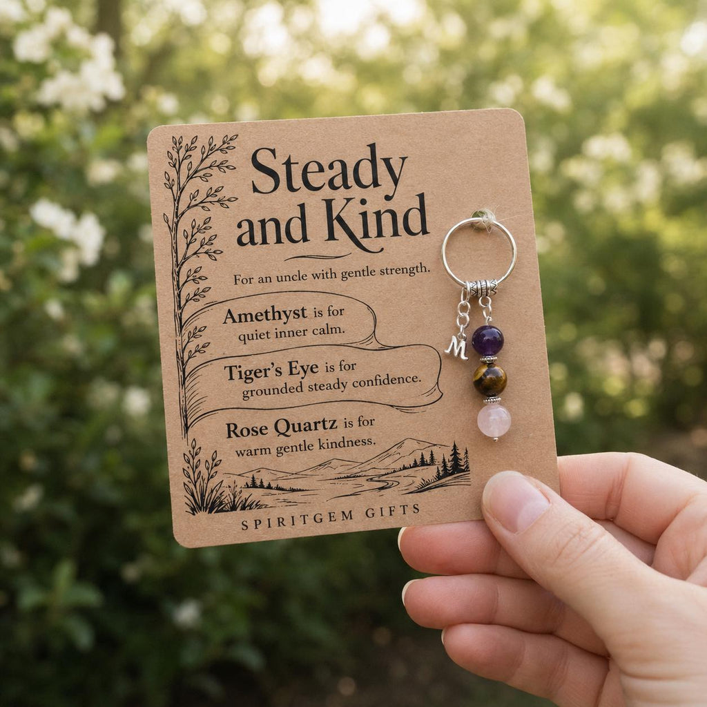 Uncle Birthday Gift, Crystal Keyring with Illustrated 'Steady and Kind' Card