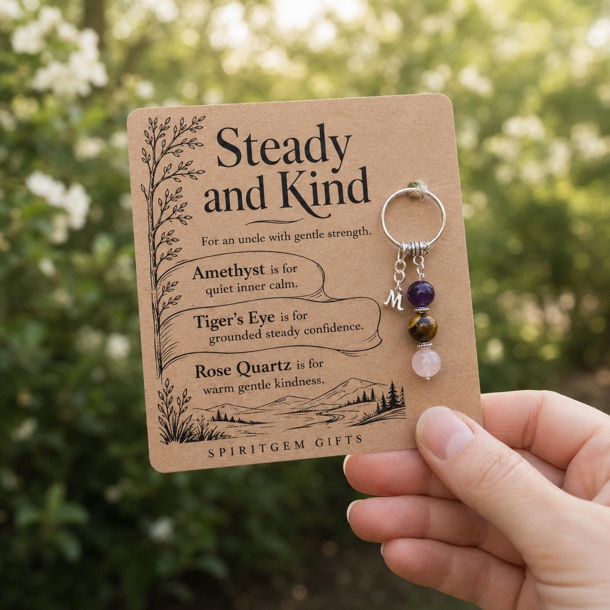 Uncle Birthday Gift, Crystal Keyring with Illustrated 'Steady and Kind' Card