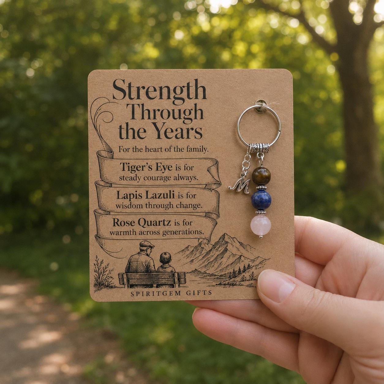 Grandad Birthday Gift, Crystal Keyring with Illustrated 'Strength Through the Years' Card