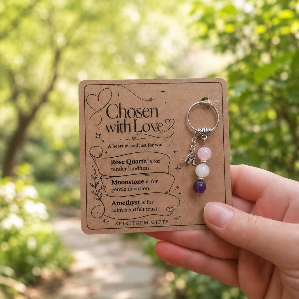 Girlfriend Gift, Crystal Keyring with Illustrated 'Chosen with Love' Card