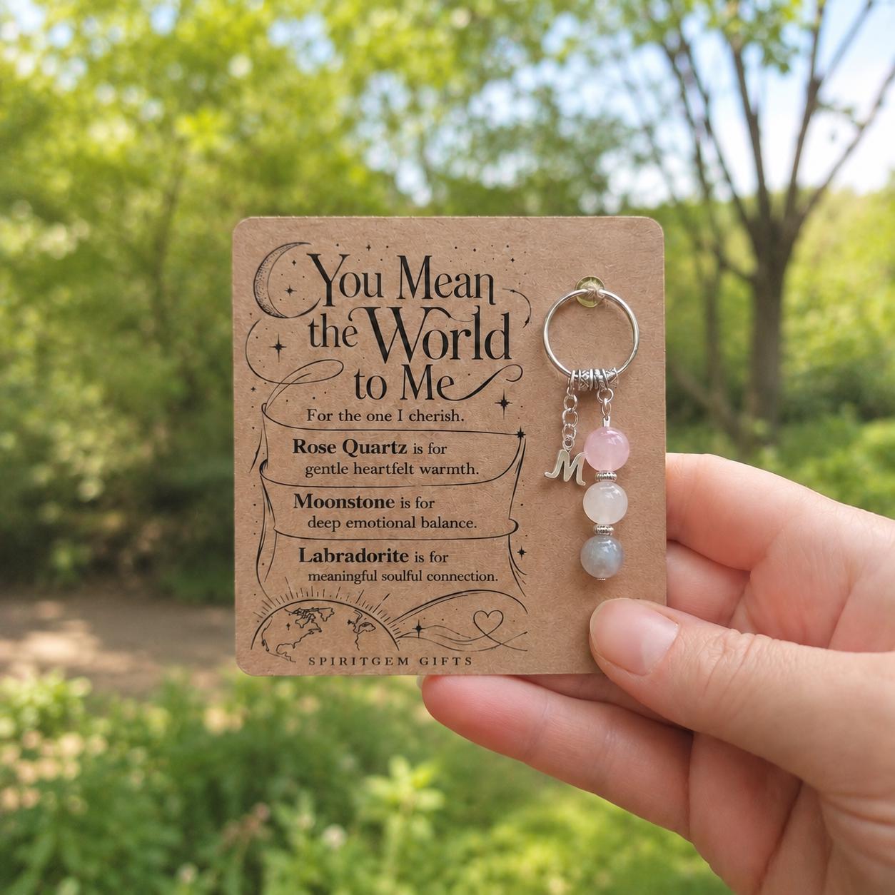 Long Distance Relationship Gift, Crystal Keyring with Illustrated 'You Mean the World' Card