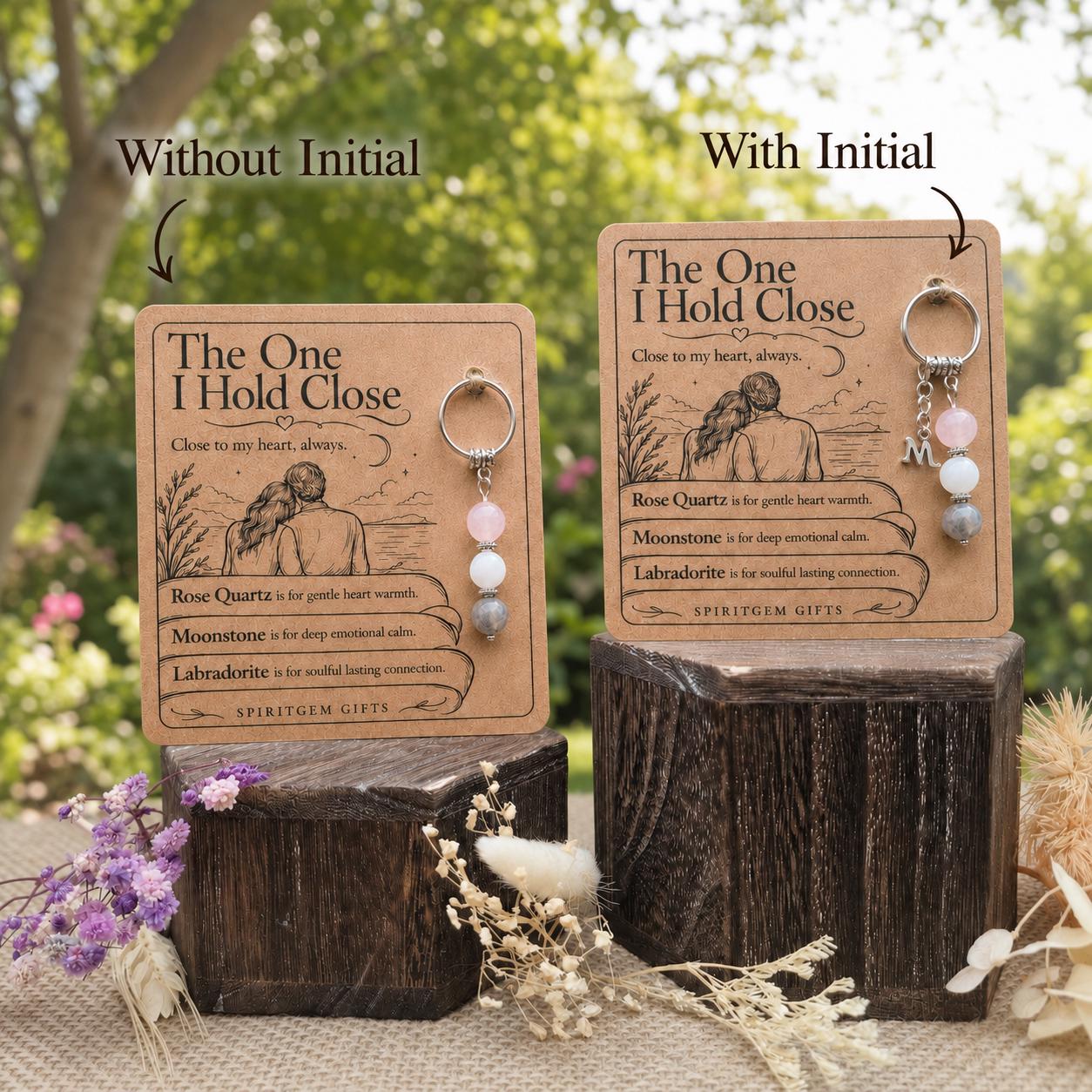 Wife Gift, Soulmate Crystal Keyring with Illustrated 'The One I Hold Close' Card