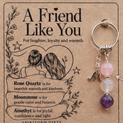 Personalised Bestie Crystal Keyring with Rose Quartz, Moonstone, Amethyst, Keepsake Card