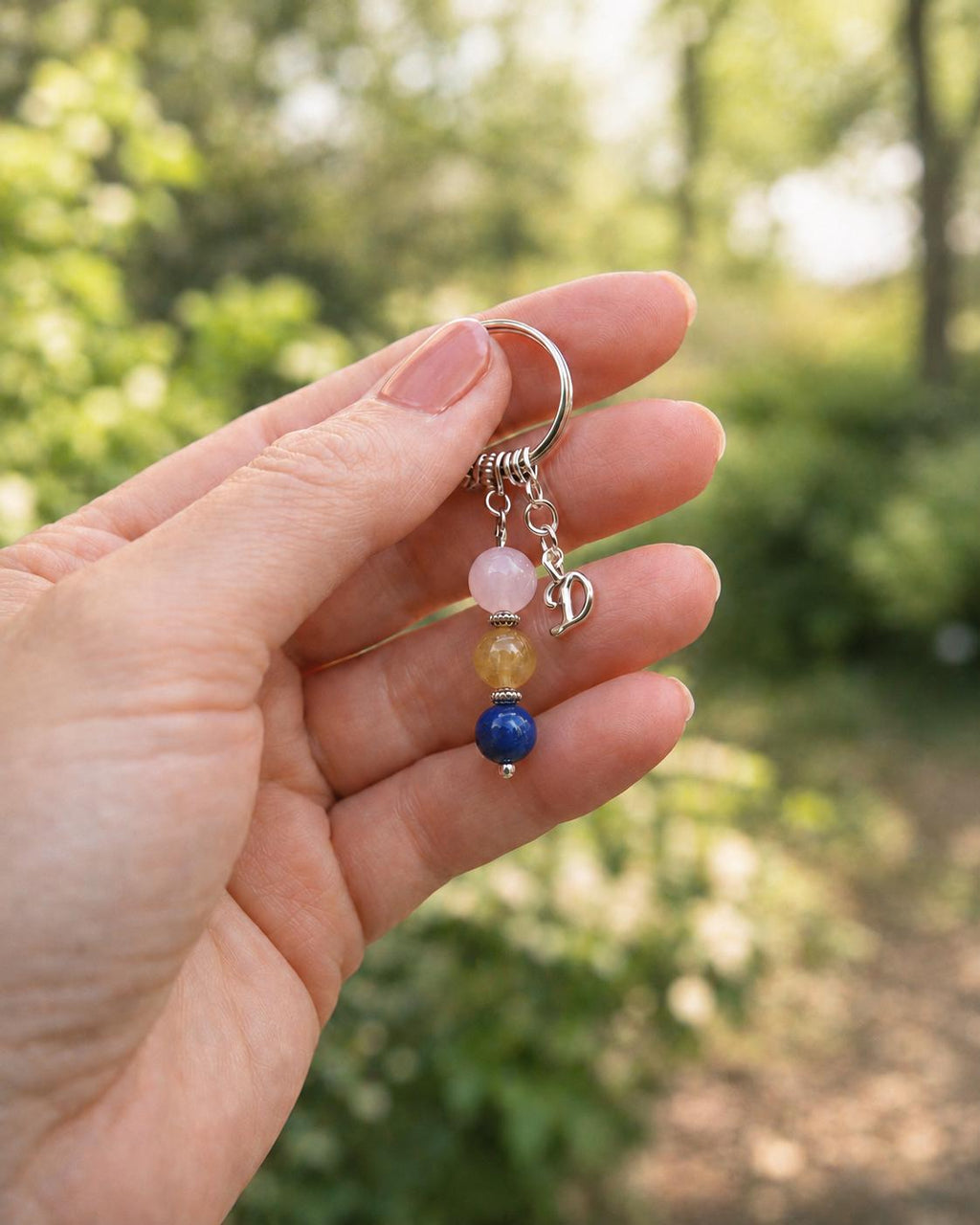 Personalised Friend Crystal Keyring with Rose Quartz, Citrine, Lapis Lazuli, Initial Charm