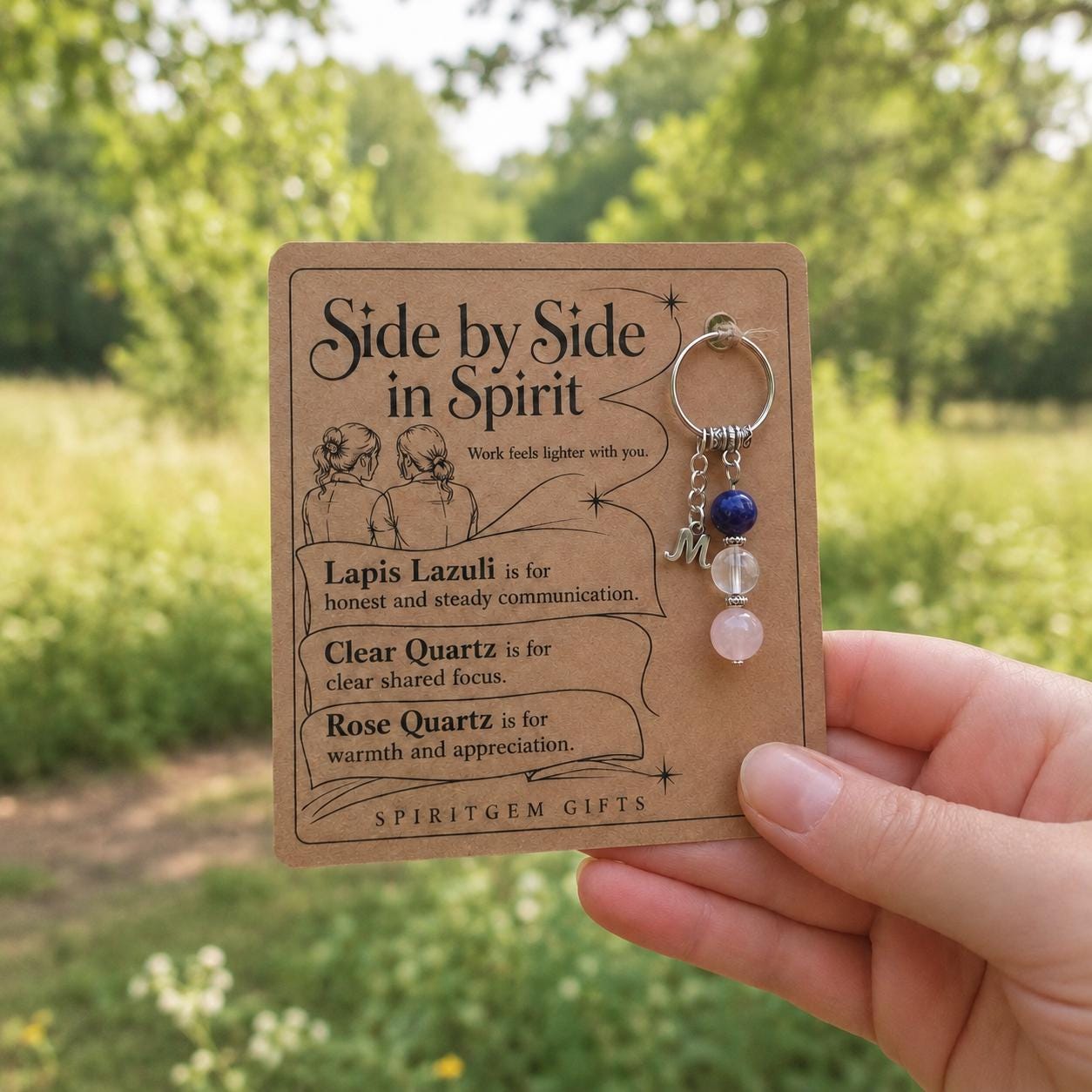 Colleague Leaving Gift, Crystal Keyring with Illustrated 'Side by Side in Spirit' Card