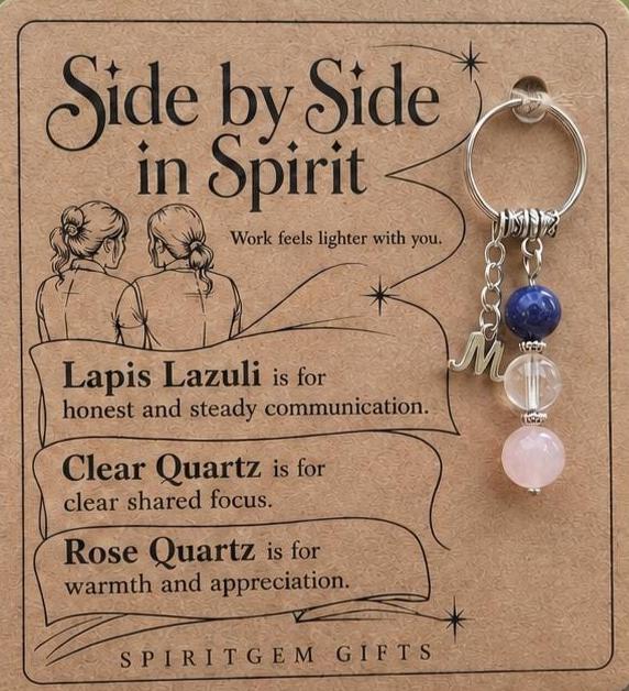 Colleague Leaving Gift, Crystal Keyring with Illustrated 'Side by Side in Spirit' Card