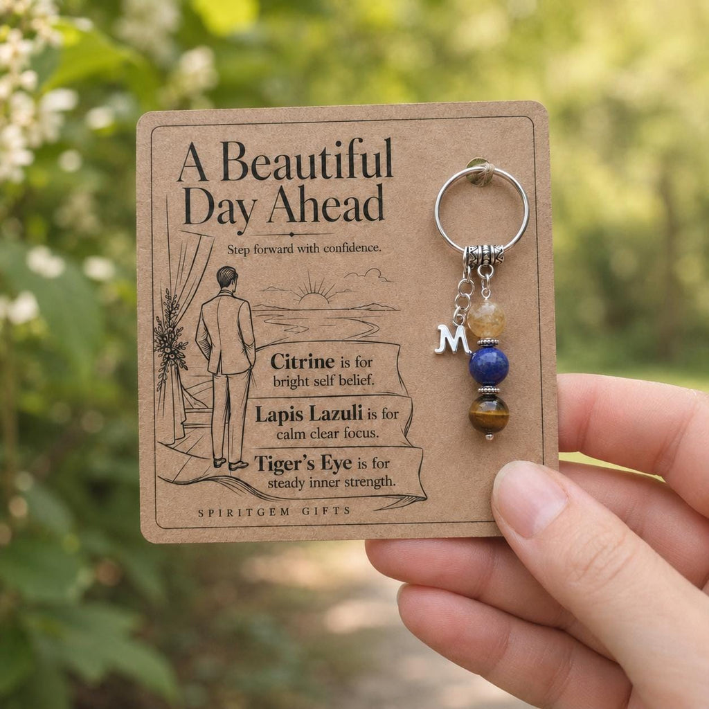 Personalised GROOM Crystal Keyring with Illustrated Keepsake Card Wedding Gift