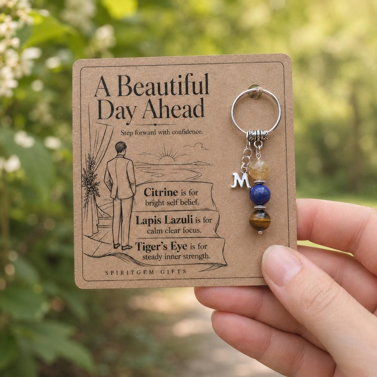 Personalised GROOM Crystal Keyring with Illustrated Keepsake Card Wedding Gift