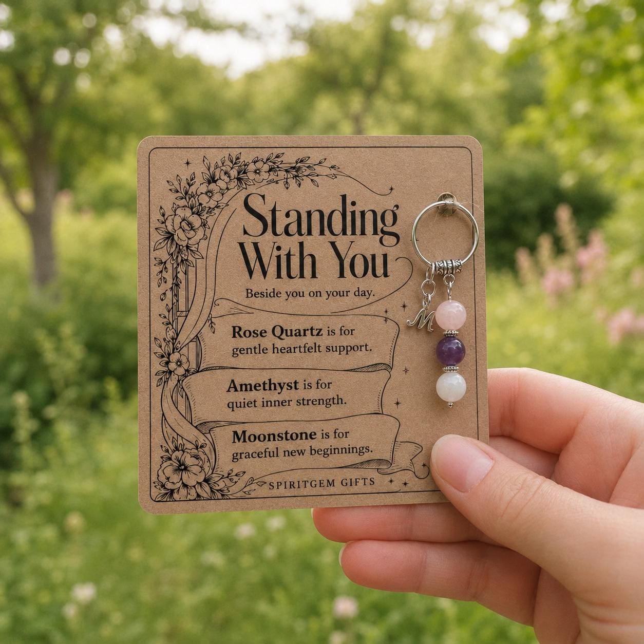 Maid of Honour Thank You Gift, Crystal Keyring with Illustrated 'Standing With You' Card