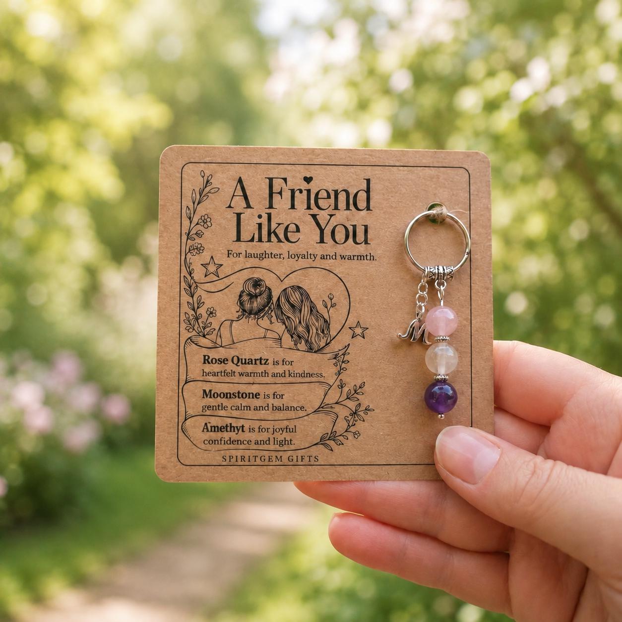 Personalised Bestie Crystal Keyring with Rose Quartz, Moonstone, Amethyst, Keepsake Card