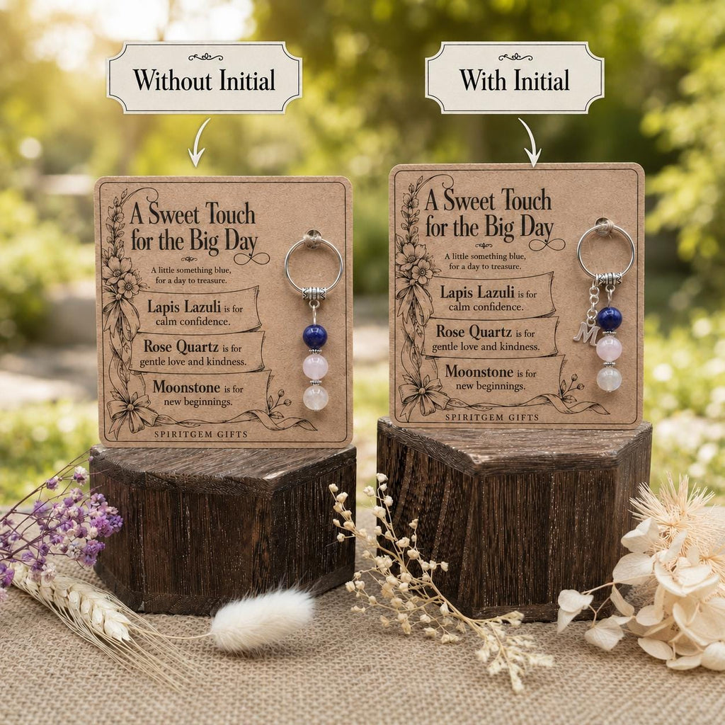 Personalised SOMETHING BLUE Crystal Keyring with Illustrated Keepsake Card Bride Gift