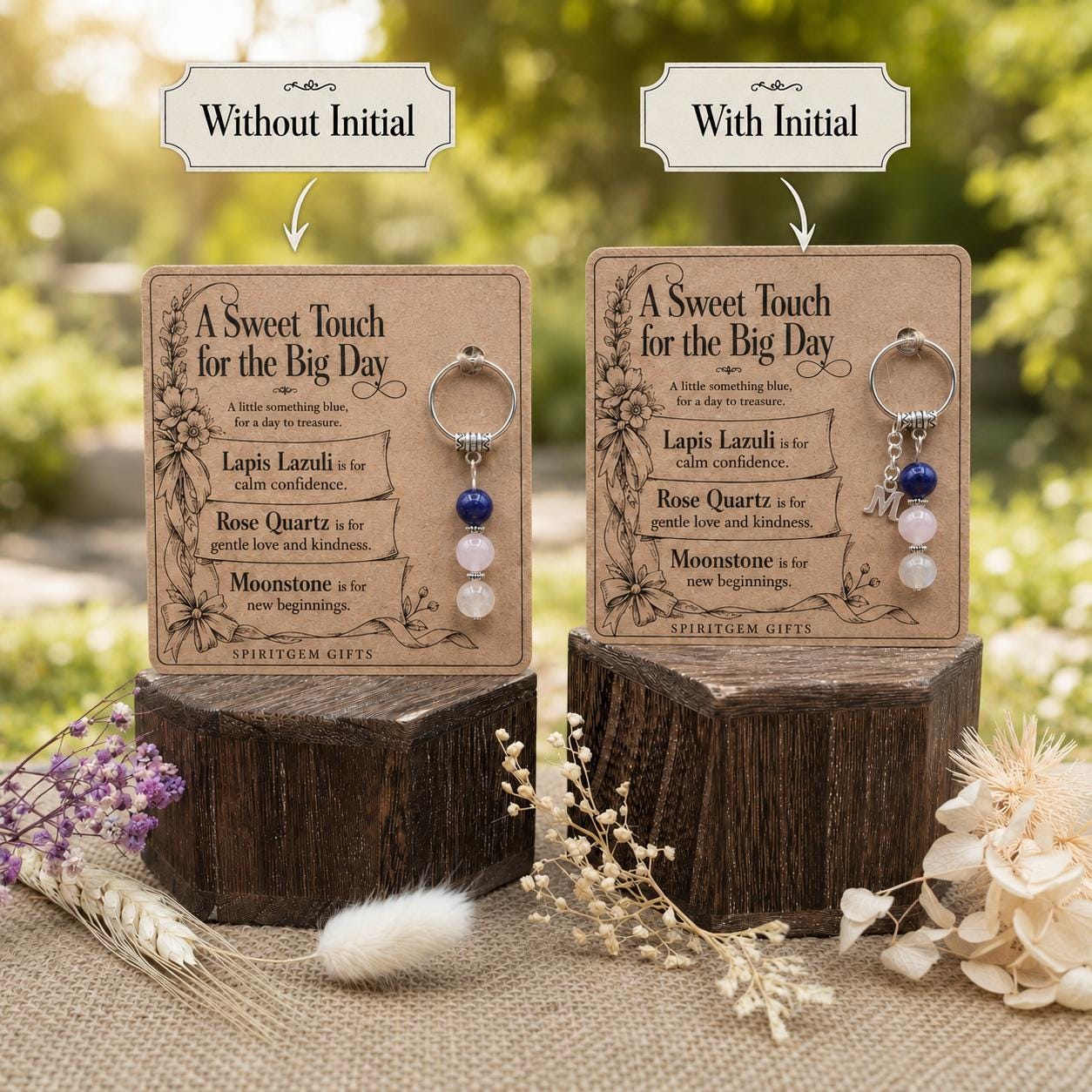 Personalised SOMETHING BLUE Crystal Keyring with Illustrated Keepsake Card Bride Gift