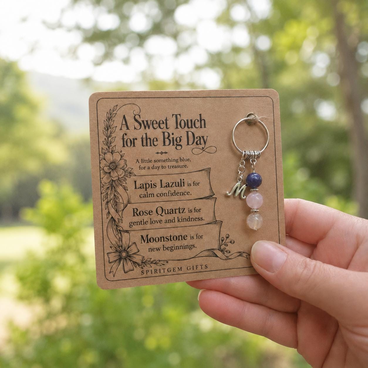 Personalised SOMETHING BLUE Crystal Keyring with Illustrated Keepsake Card Bride Gift