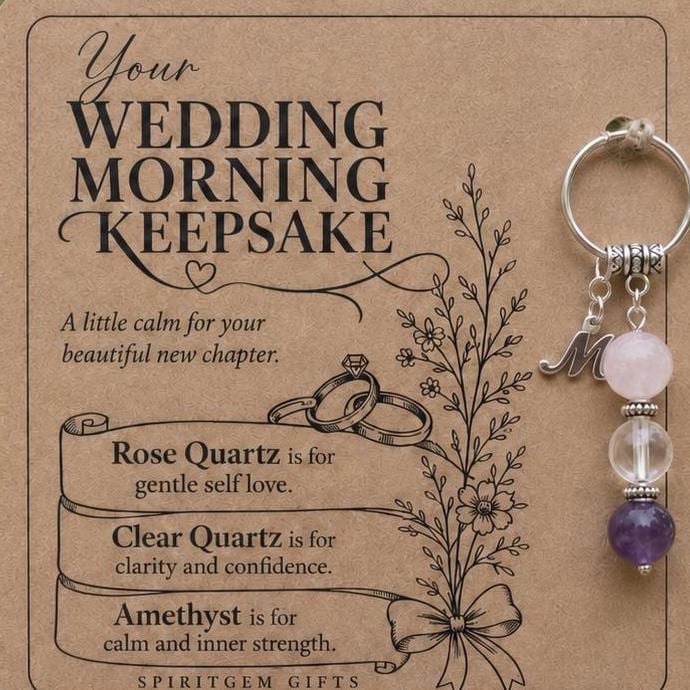 Personalised WEDDING MORNING Crystal Keyring with Illustrated Keepsake Card Bride Gift
