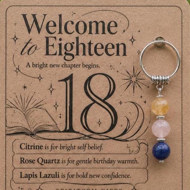 18th Birthday Gift for Her, Crystal Keyring with Illustrated 'Welcome to Eighteen' Card, Personalised Keepsake